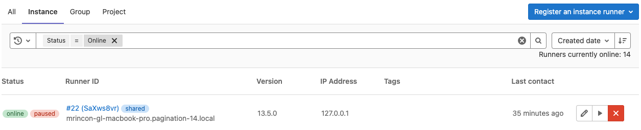 Attributes of a runner filtered by status